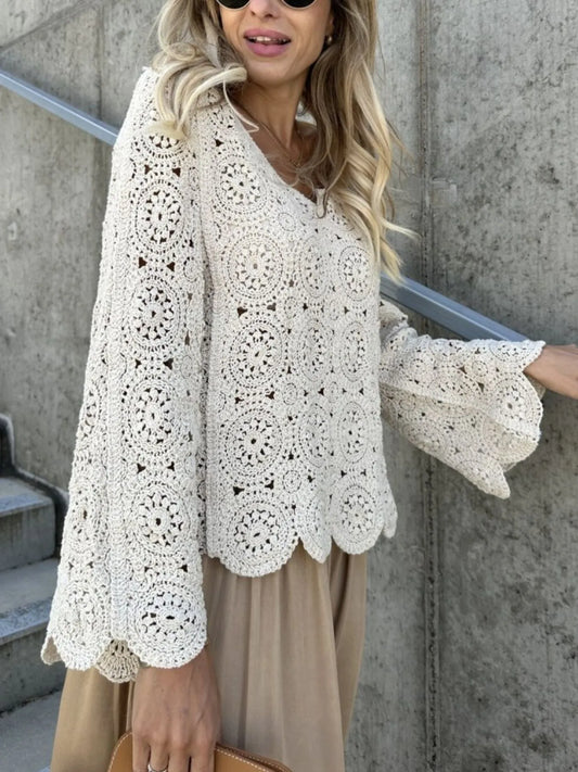 Crochet Lace V-Neck Bell Sleeve Knit Top