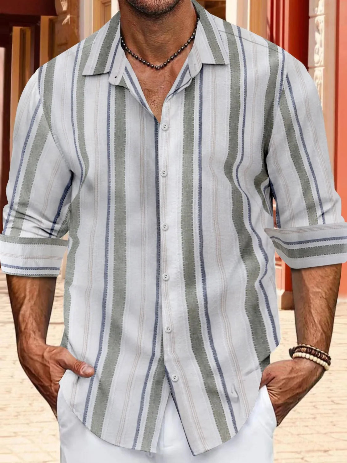 Men's Full Size Striped Button Up Long Sleeve Shirt Plus Size