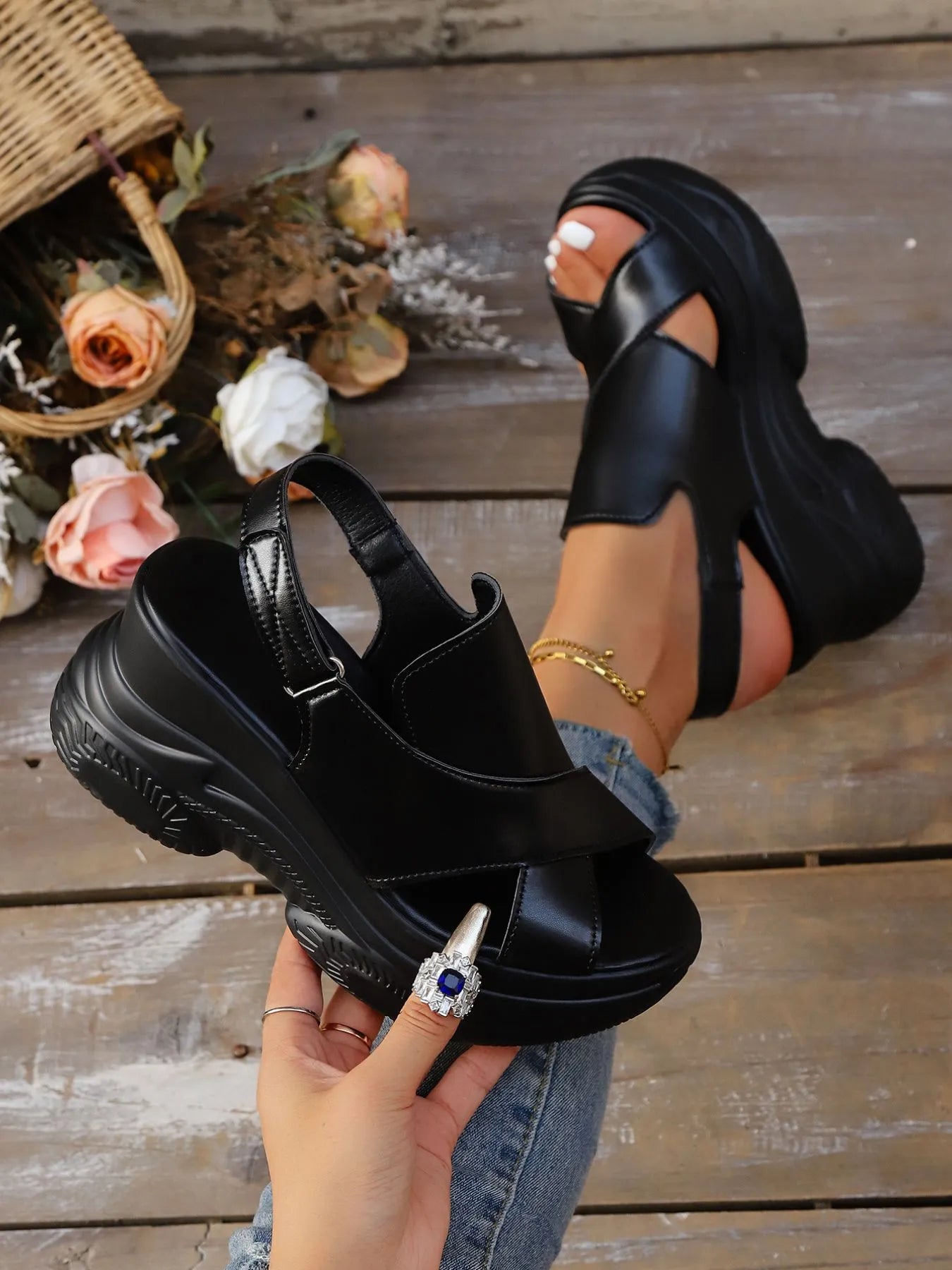 Cutout Platform Wedge Sandals