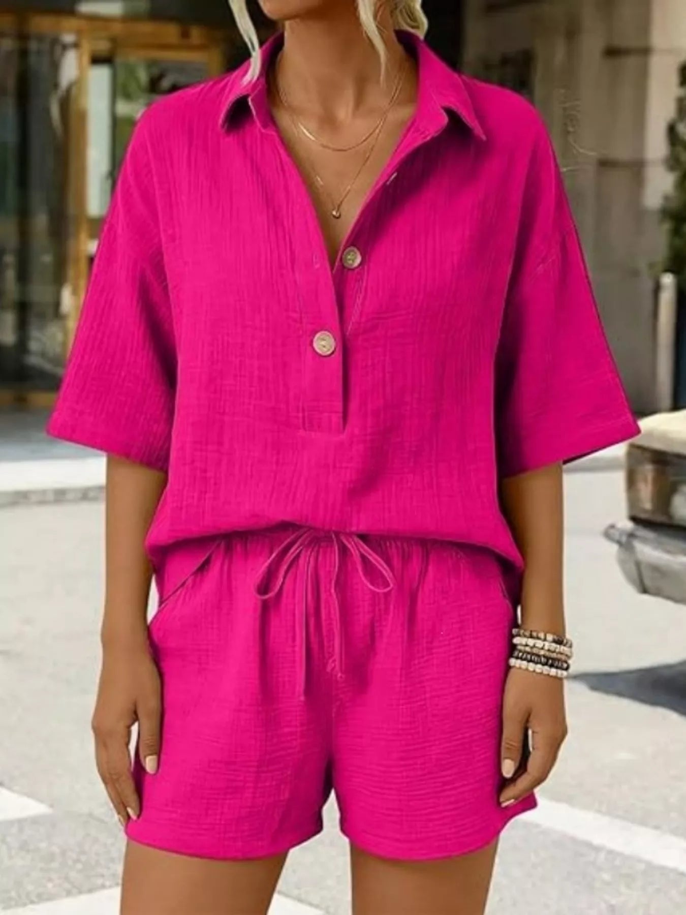 Linen Button Front Short Sleeve Top and Shorts Set