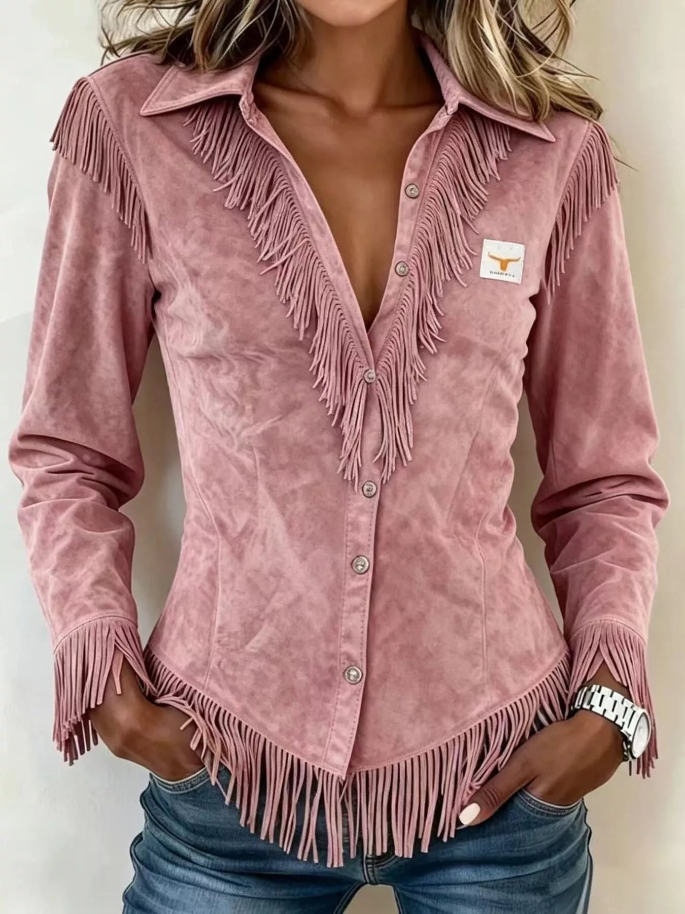 Full Size Fringed Collared Neck Shirt Plus Size