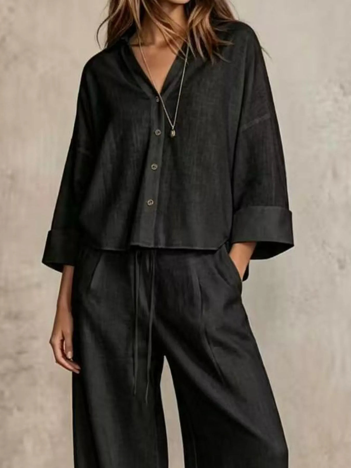 Full Size Button-Down Shirt and Wide-Leg Pants Set Plus Size