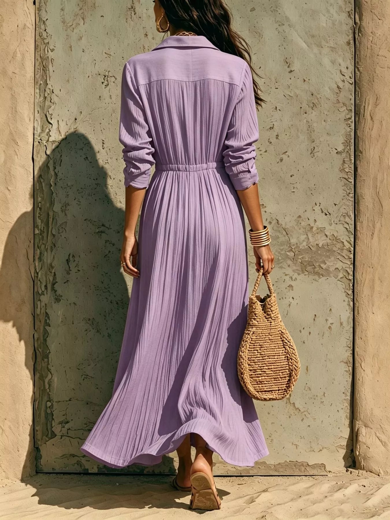 Full Size Textured Button Front Long Sleeve Maxi Dress Plus Size