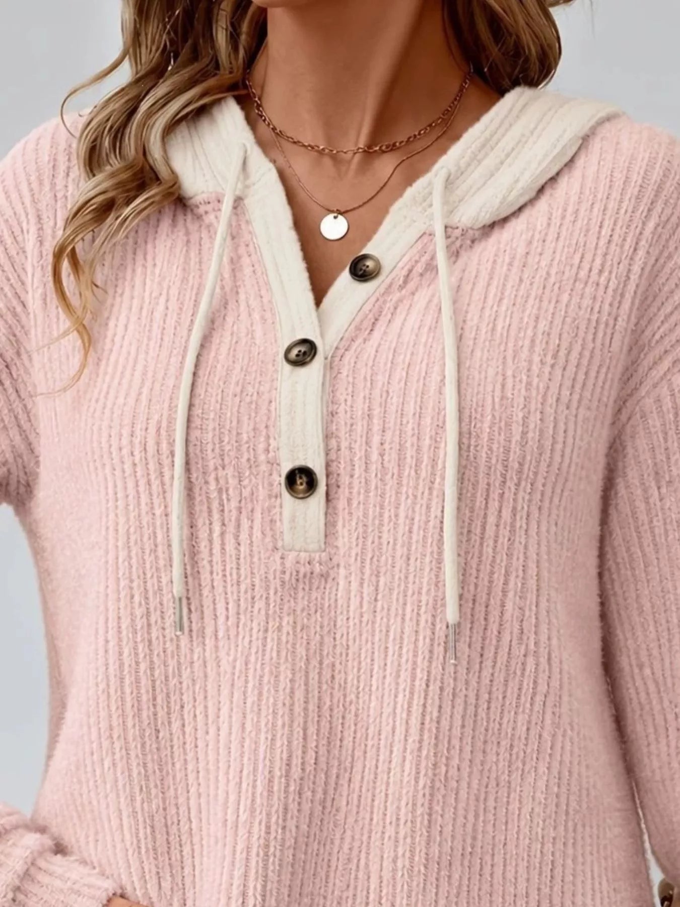 Full Size Drawstring Button Detail Hooded Sweater Plus Size