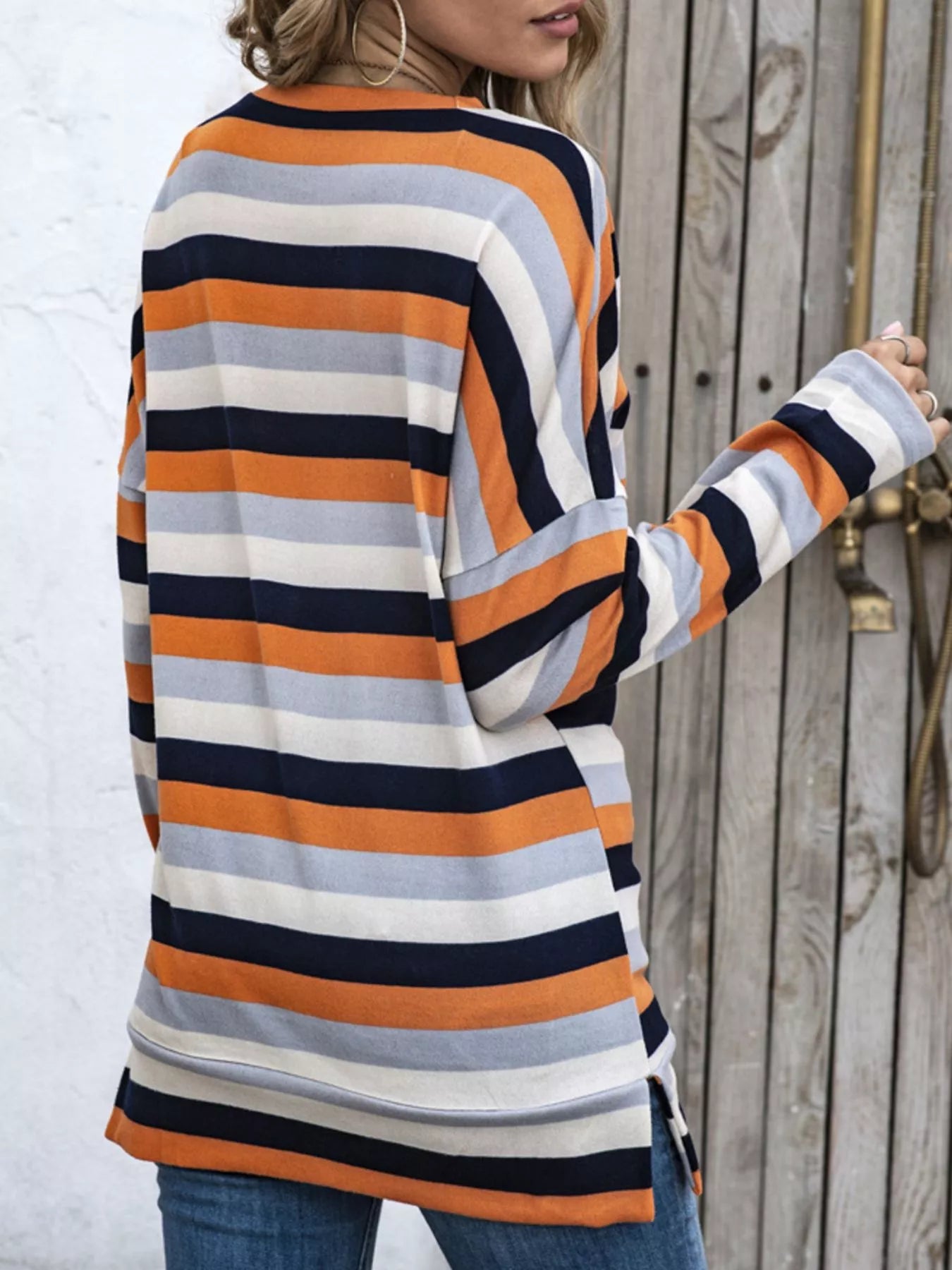 Full Size Casual Striped Long Sleeve Crew Neck Top Plus Size