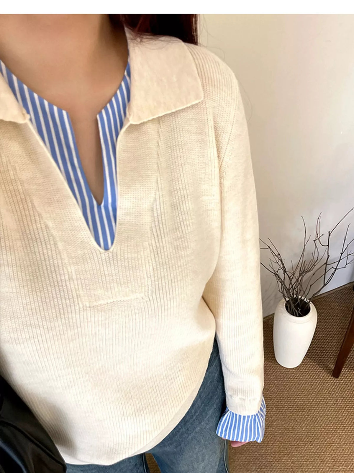 Plus Size Layered Look Striped Long Sleeve Sweater