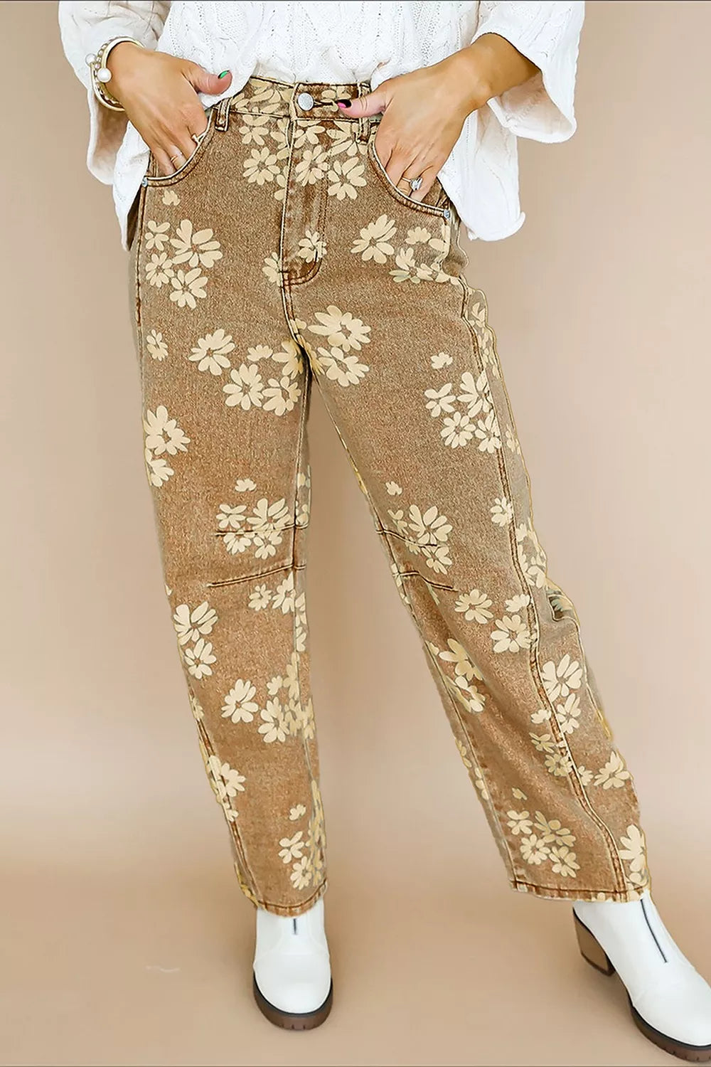 Floral Print Metal Button Pleated Straight Leg Jeans