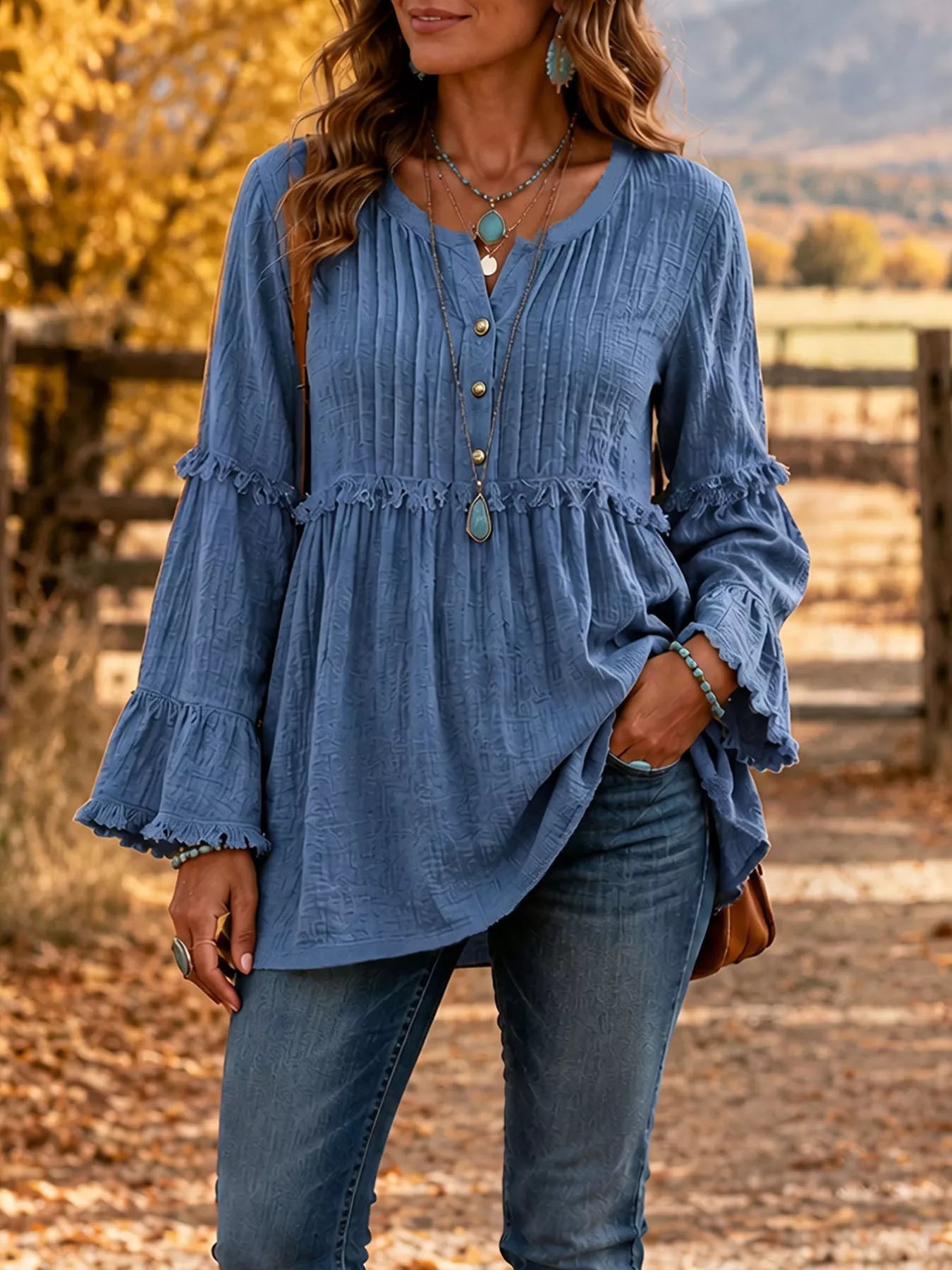 Full Size Frill Notched Long Sleeve Blouse Plus Size