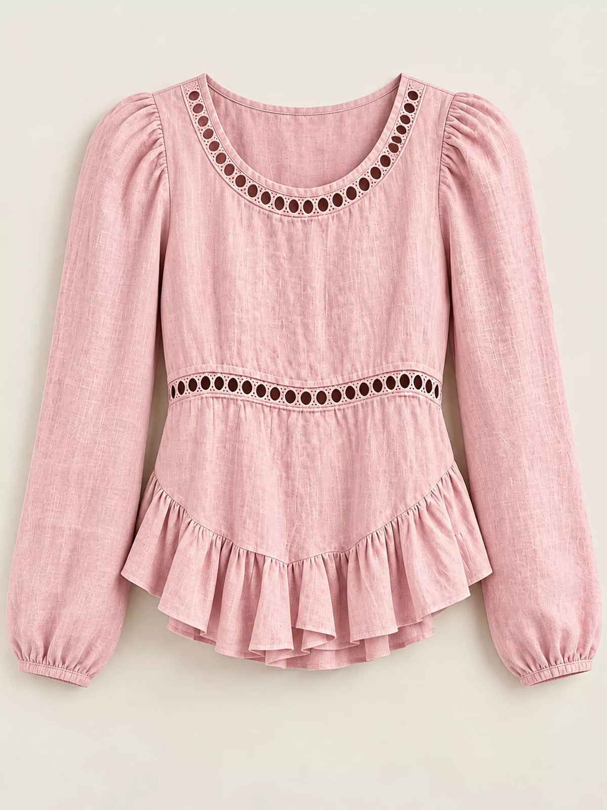 Long Sleeve Blouse with Eyelet Lace Trim and Ruffled Hem