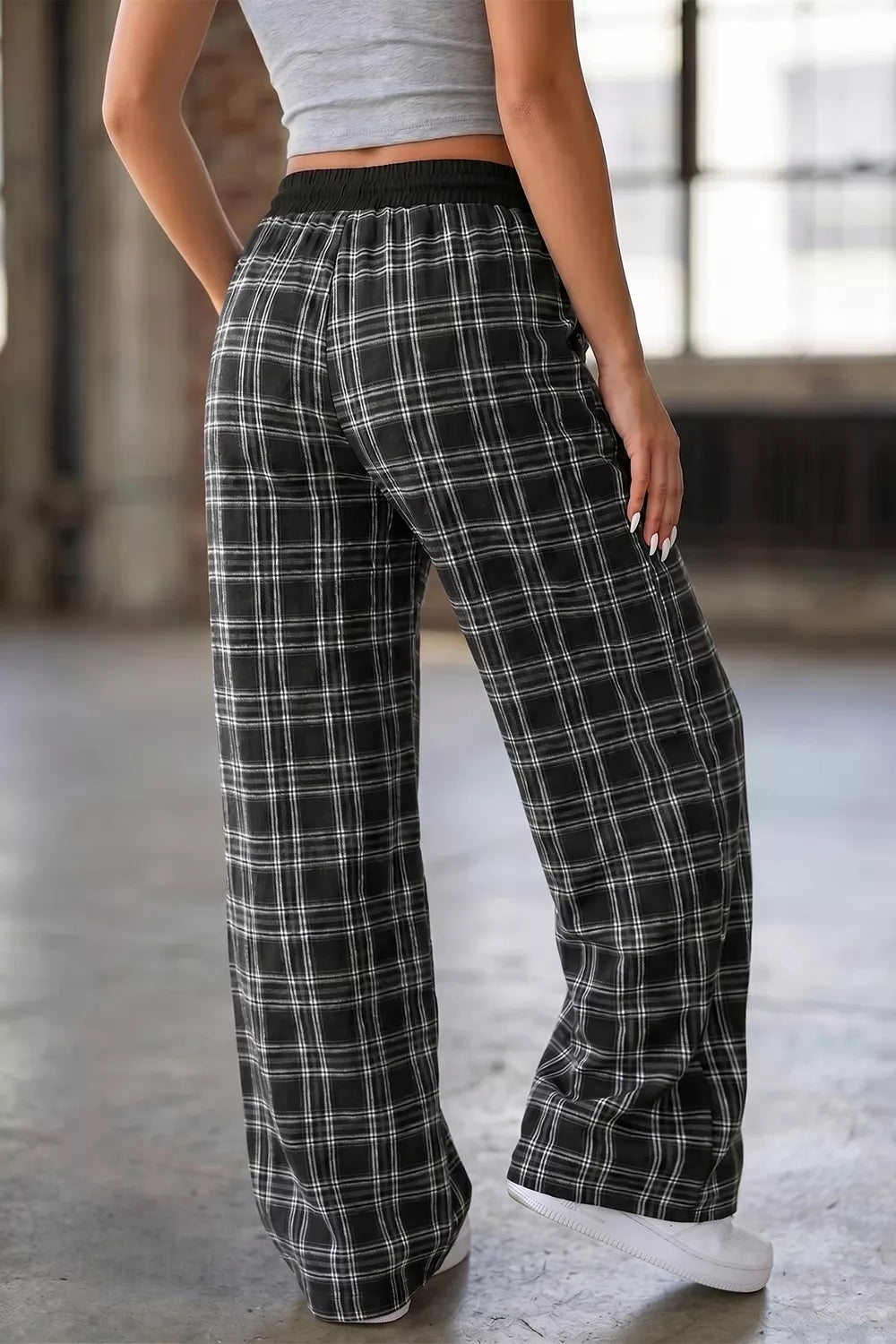 Plaid Wide-Leg Drawstring Pants