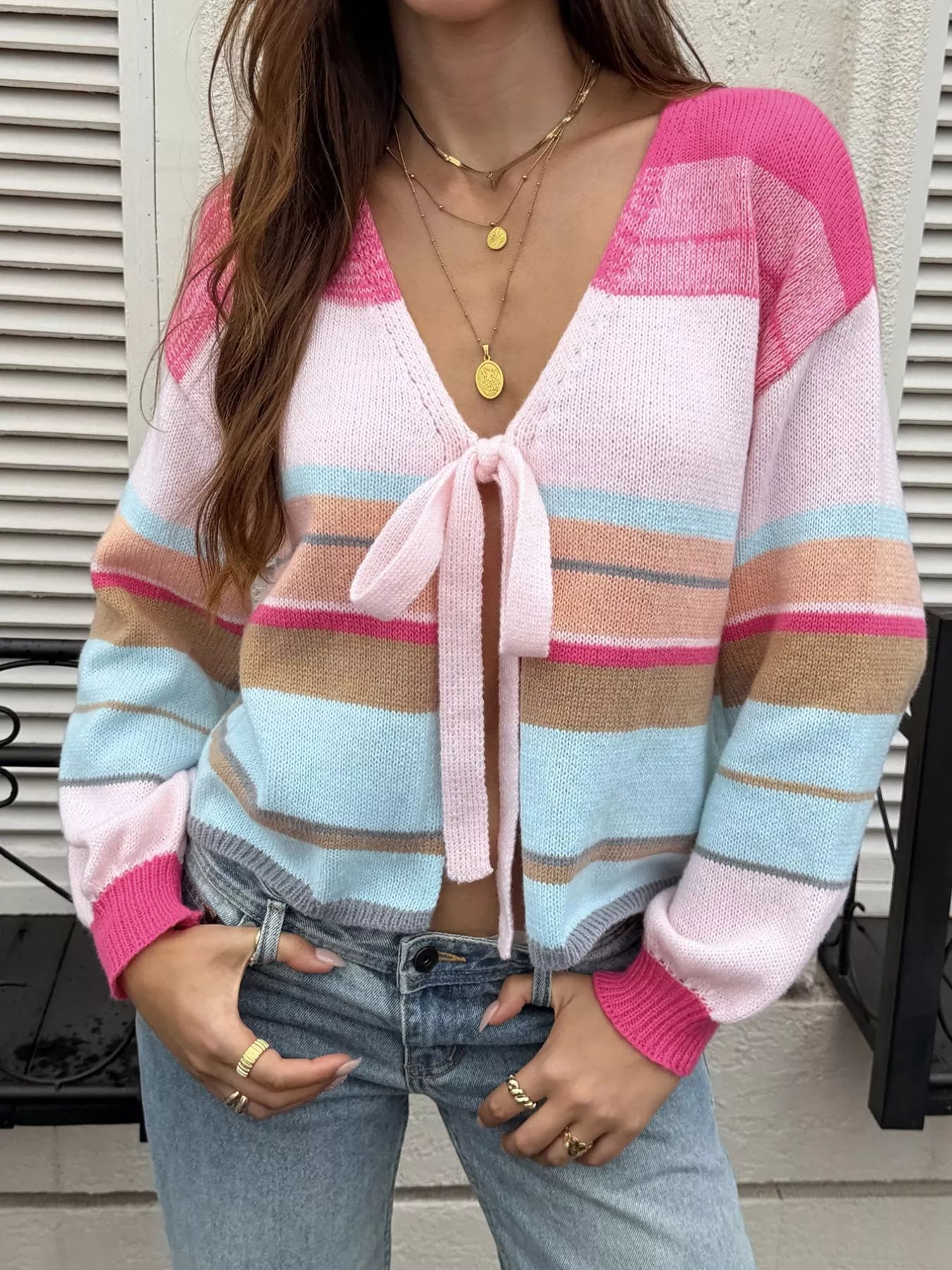 Striped Tie-Front Cardigan