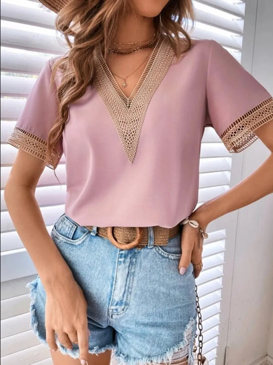 Full Size Contrast V-Neck Short Sleeve Blouse Plus Size