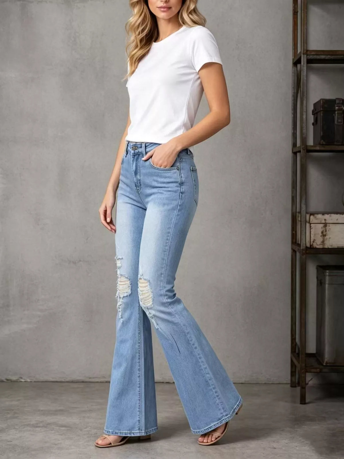 High-Waisted Distressed Flare Jeans