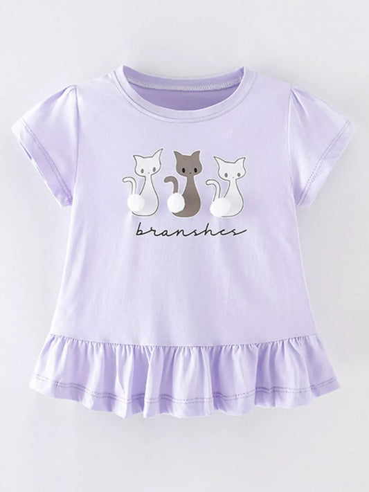 Children's Cats Round Neck Ruffle Hem T-Shirt