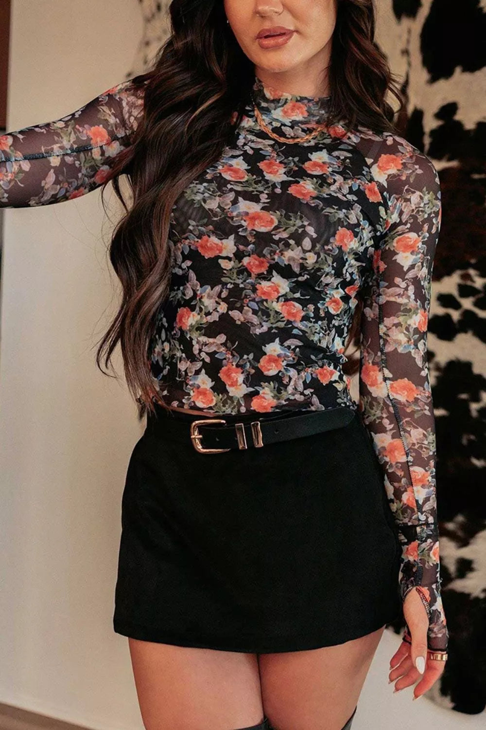 Floral Print Mesh Mock Neck Long Sleeve Blouse