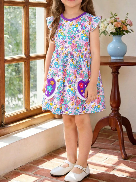 Children's Butterfly & Heart Print Pocket Ruffle Sleeve Dress