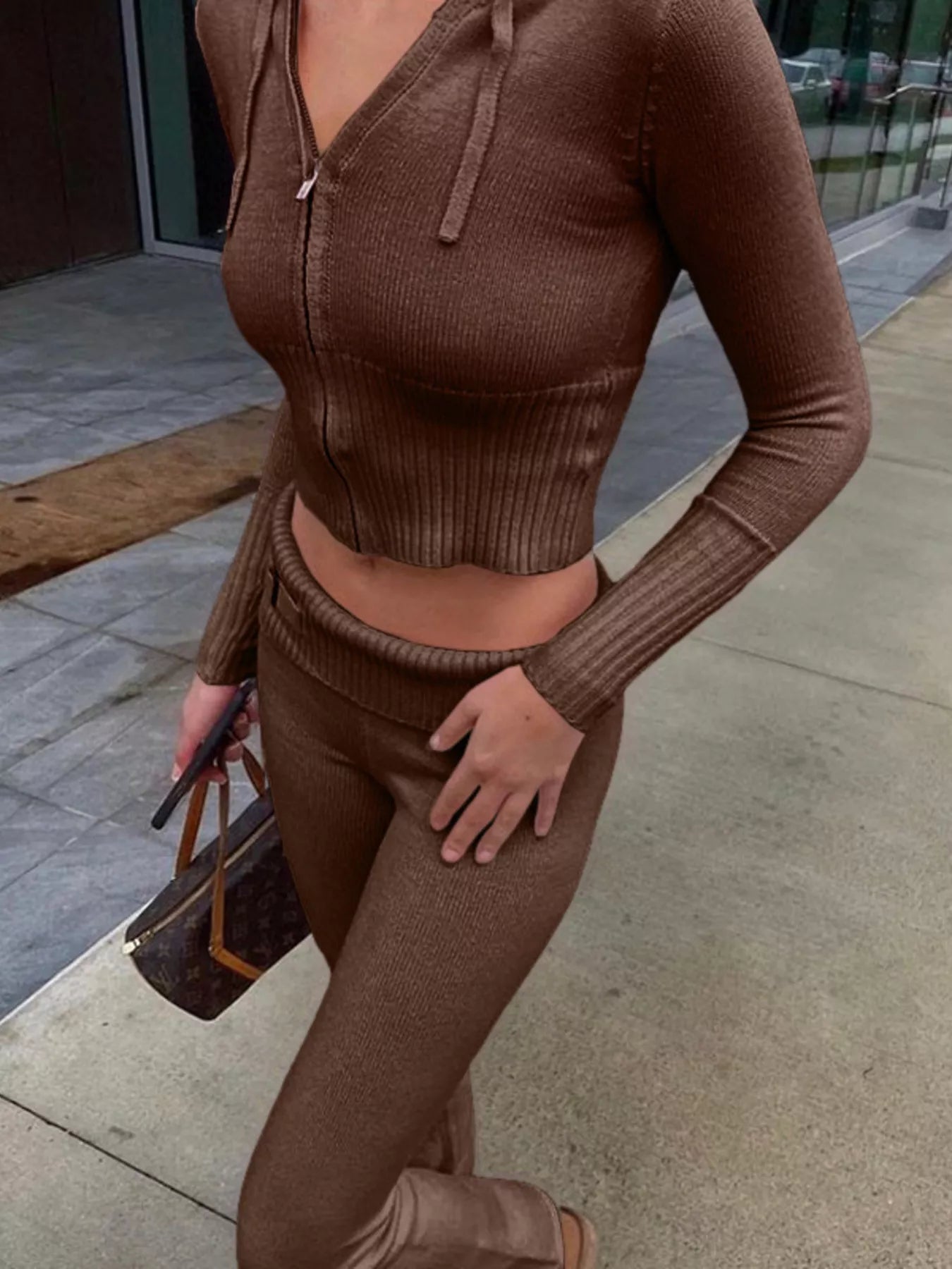 Zip Up Hooded Cardigan and Pants Sweater Set