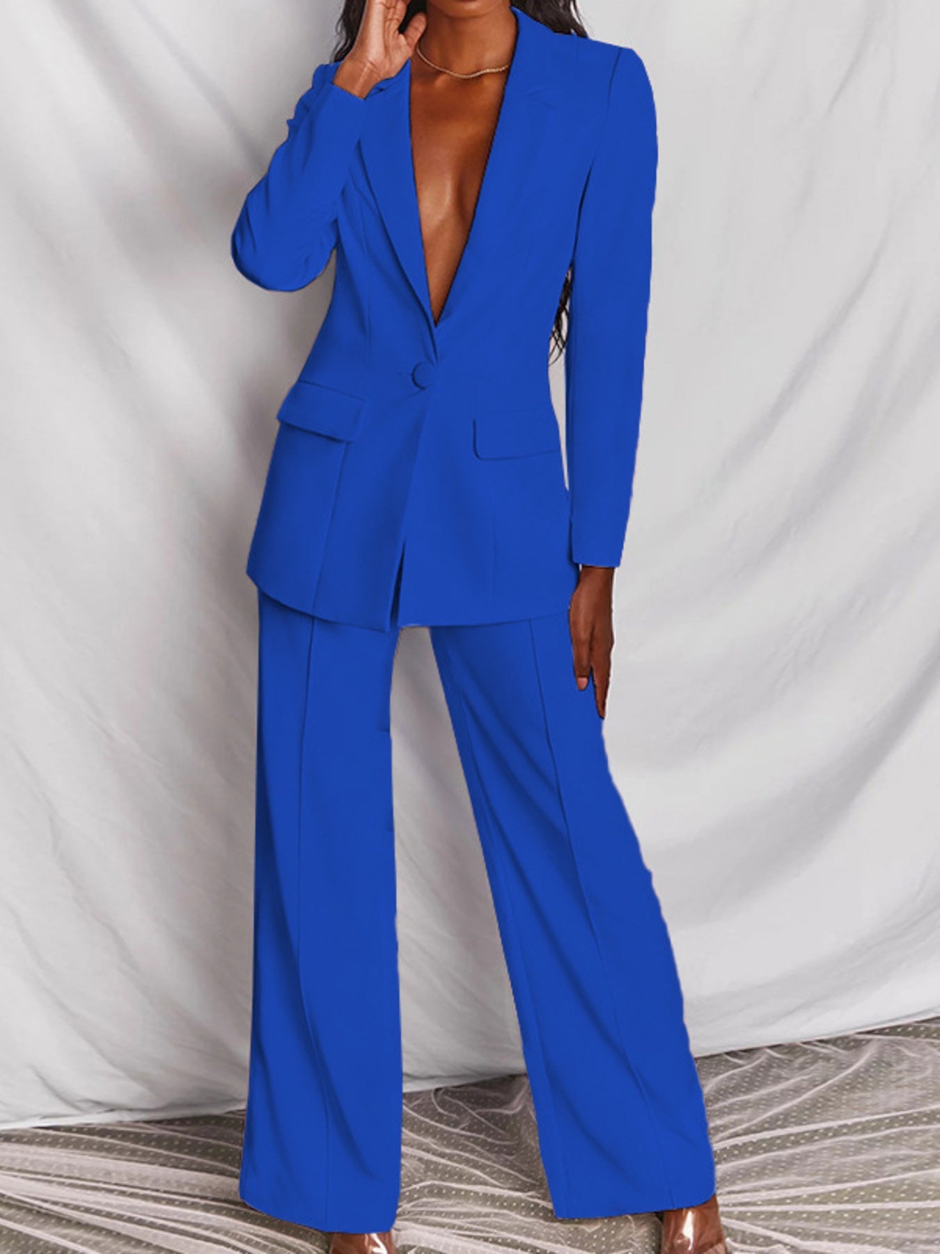 Full Size One Button Blazer and Wide-Leg Pants Set Plus Size