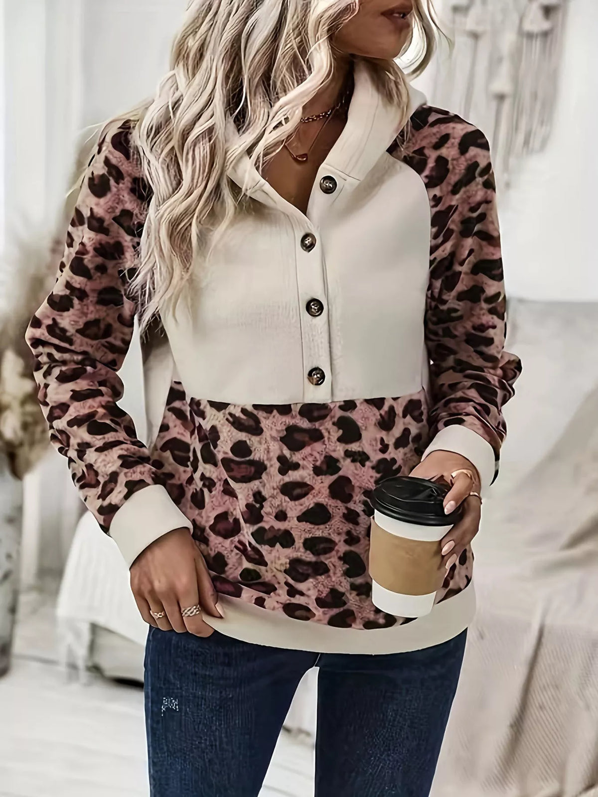 Leopard Button Detail Hoodie