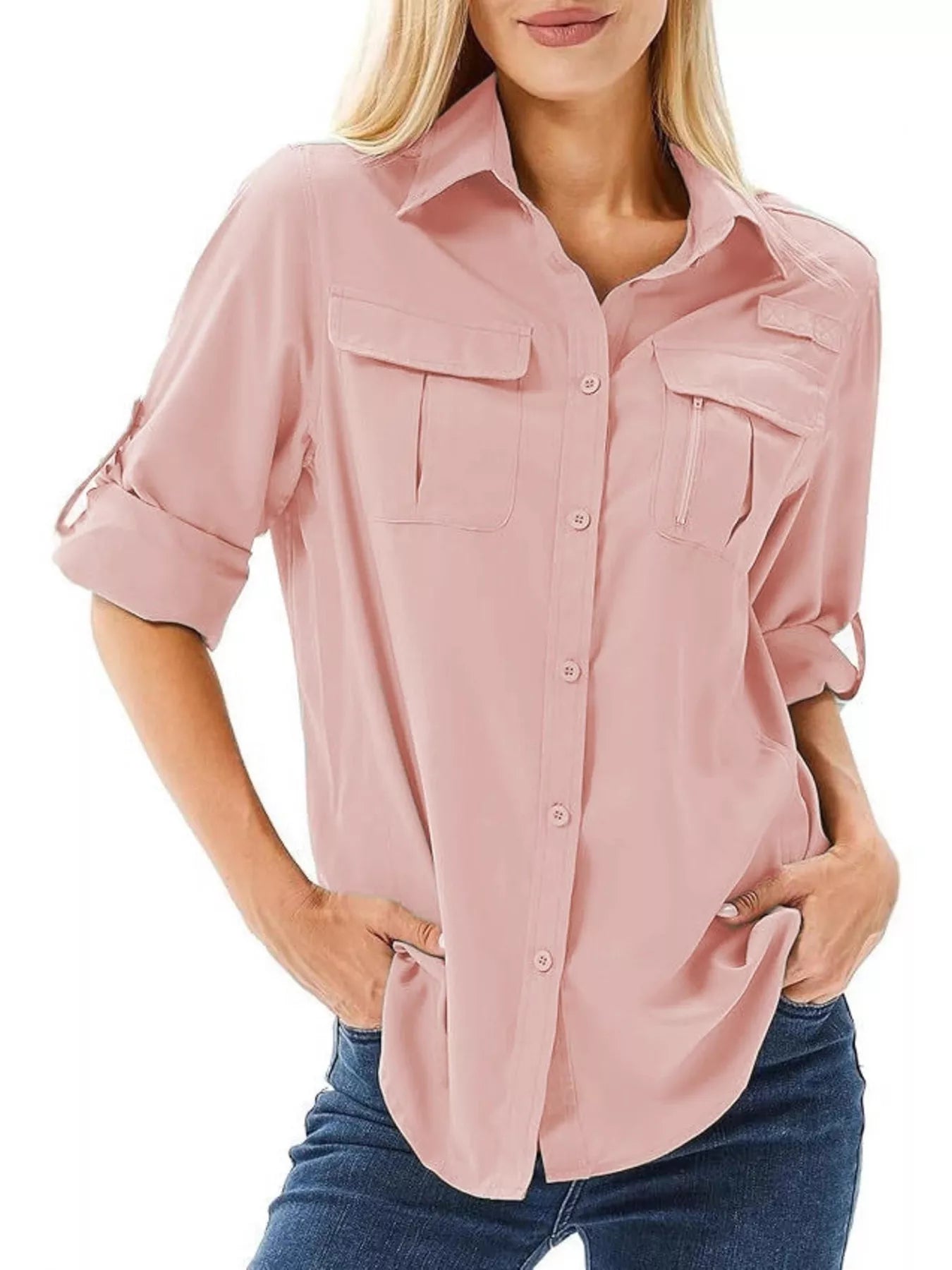 Full Size Roll-Up Sleeve Button Up Shirt Plus Size