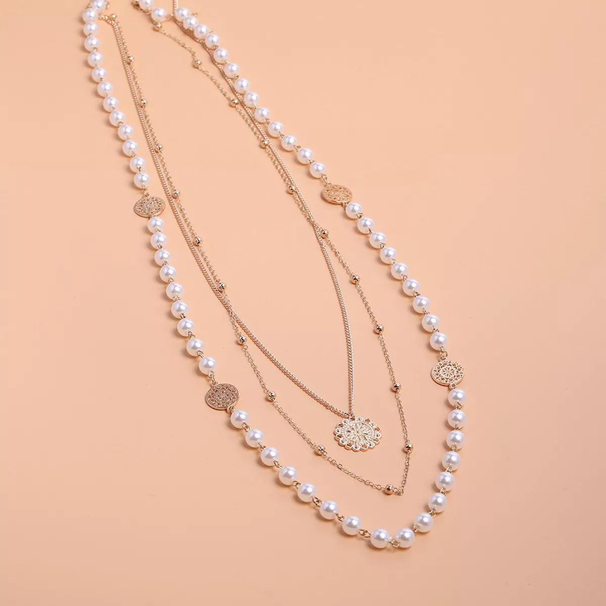 Multi-Layered Pearl and Coin Pendant Necklace