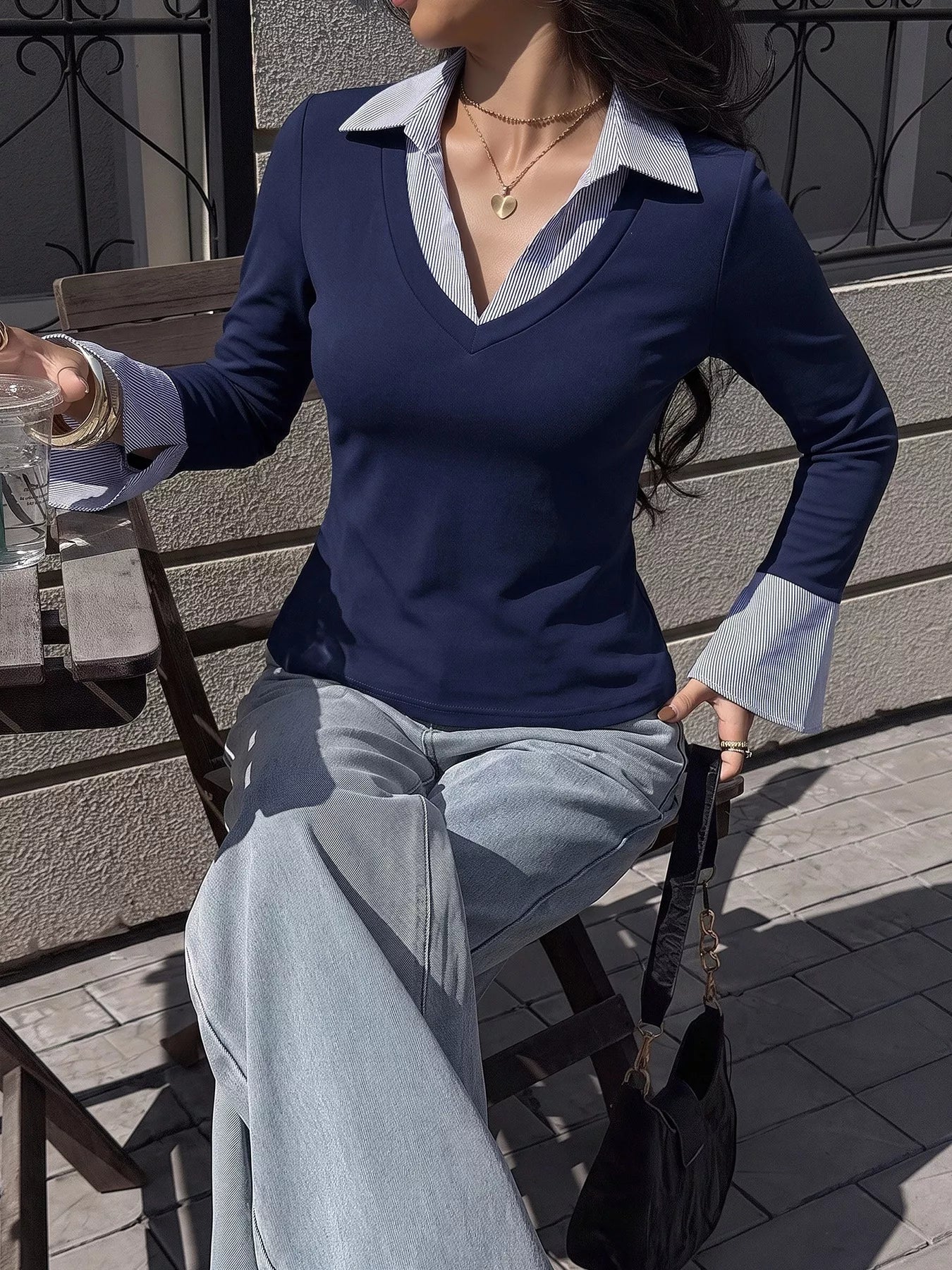 Contrast Collar Long Sleeve Top