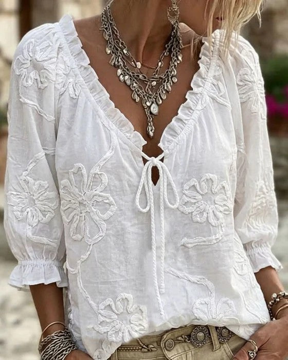 Jacquard Floral Ruffle Trim Lace-Up V-Neck Puff Sleeve Blouse