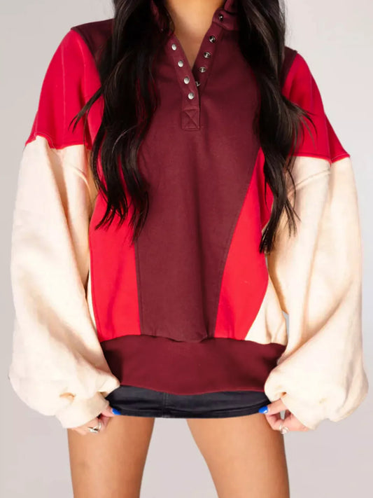 Color Block Patchwork Snap Button Oversize Hoodie