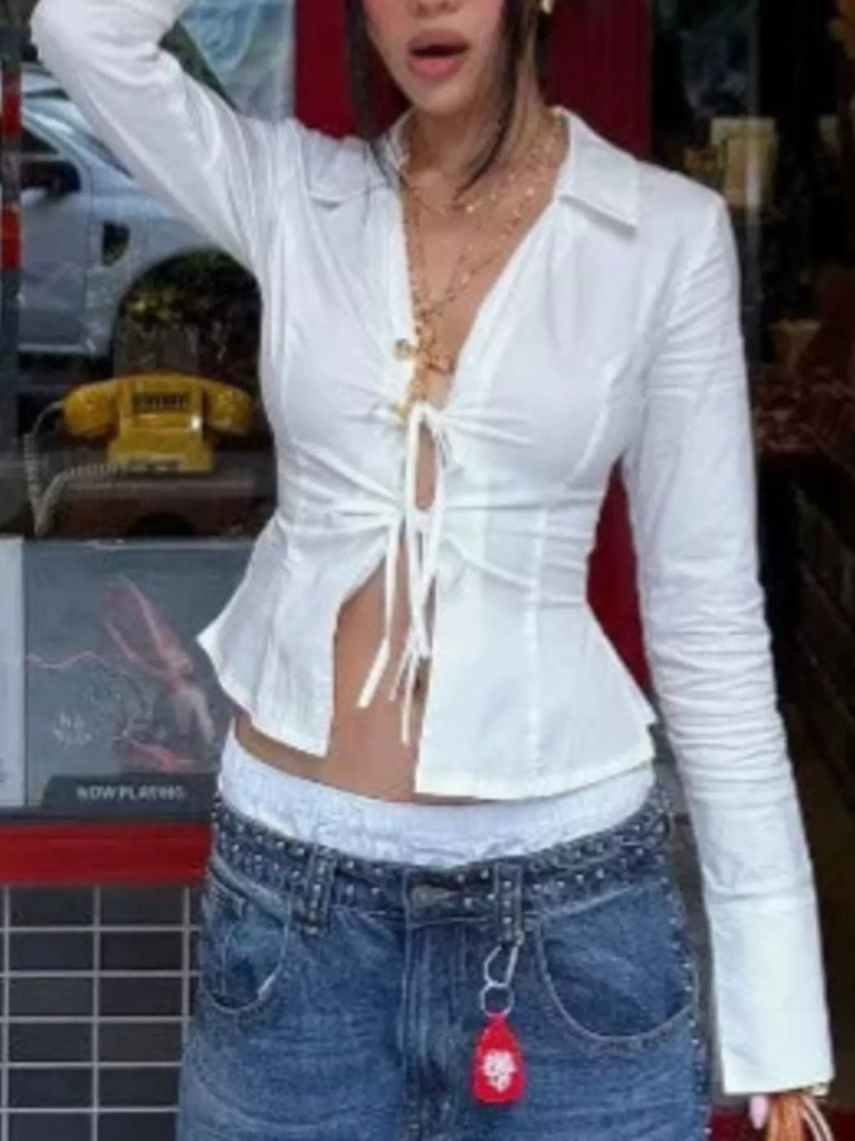 Slim-Fit Tie Front Long Sleeve Shirt