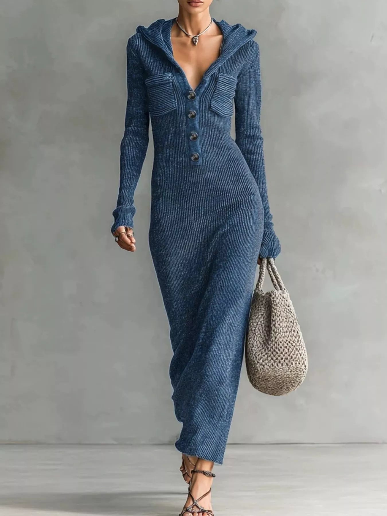 Hooded Knit Maxi Dress with Button-Up Placket and Chest Pockets