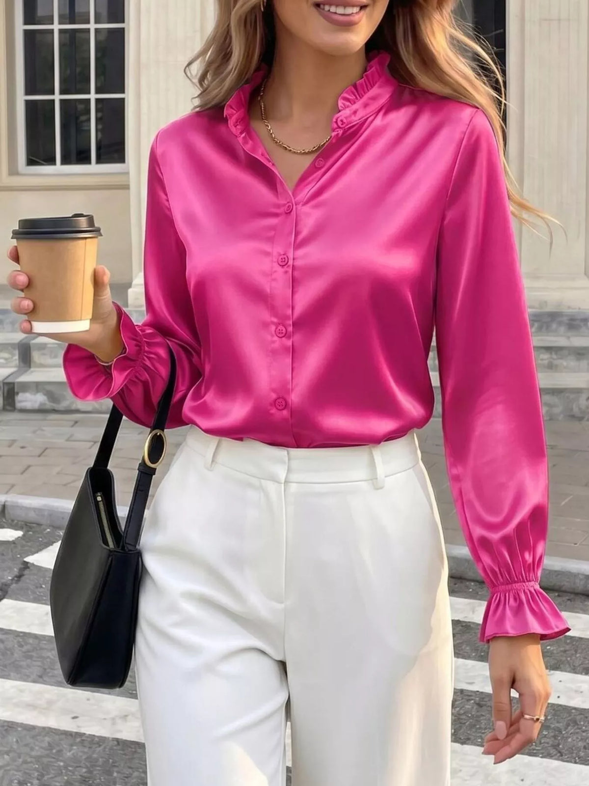 Elegant Button Down Ruffle Trim Satin Shirt