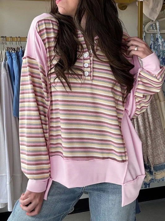 Exposed Seam Color Block Striped Patchwork Loose Henley Sweatshirt