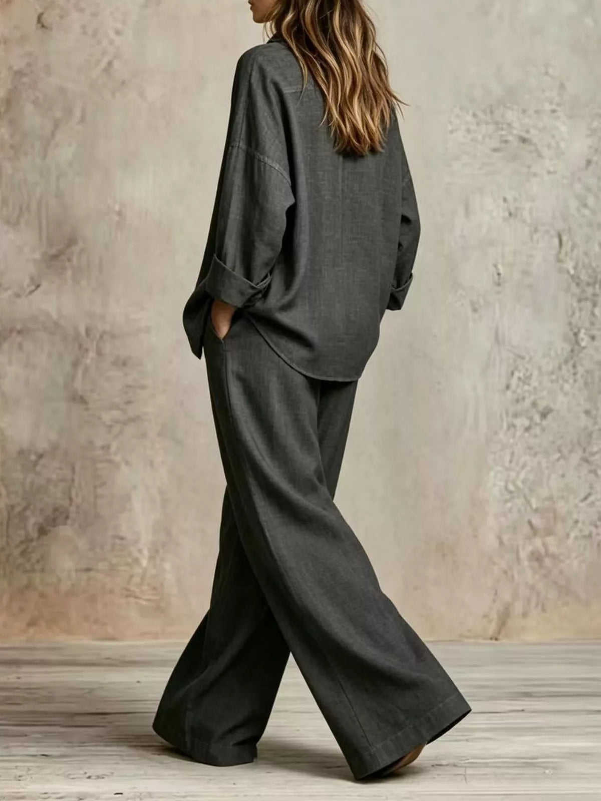 Full Size Button-Down Shirt and Wide-Leg Pants Set Plus Size