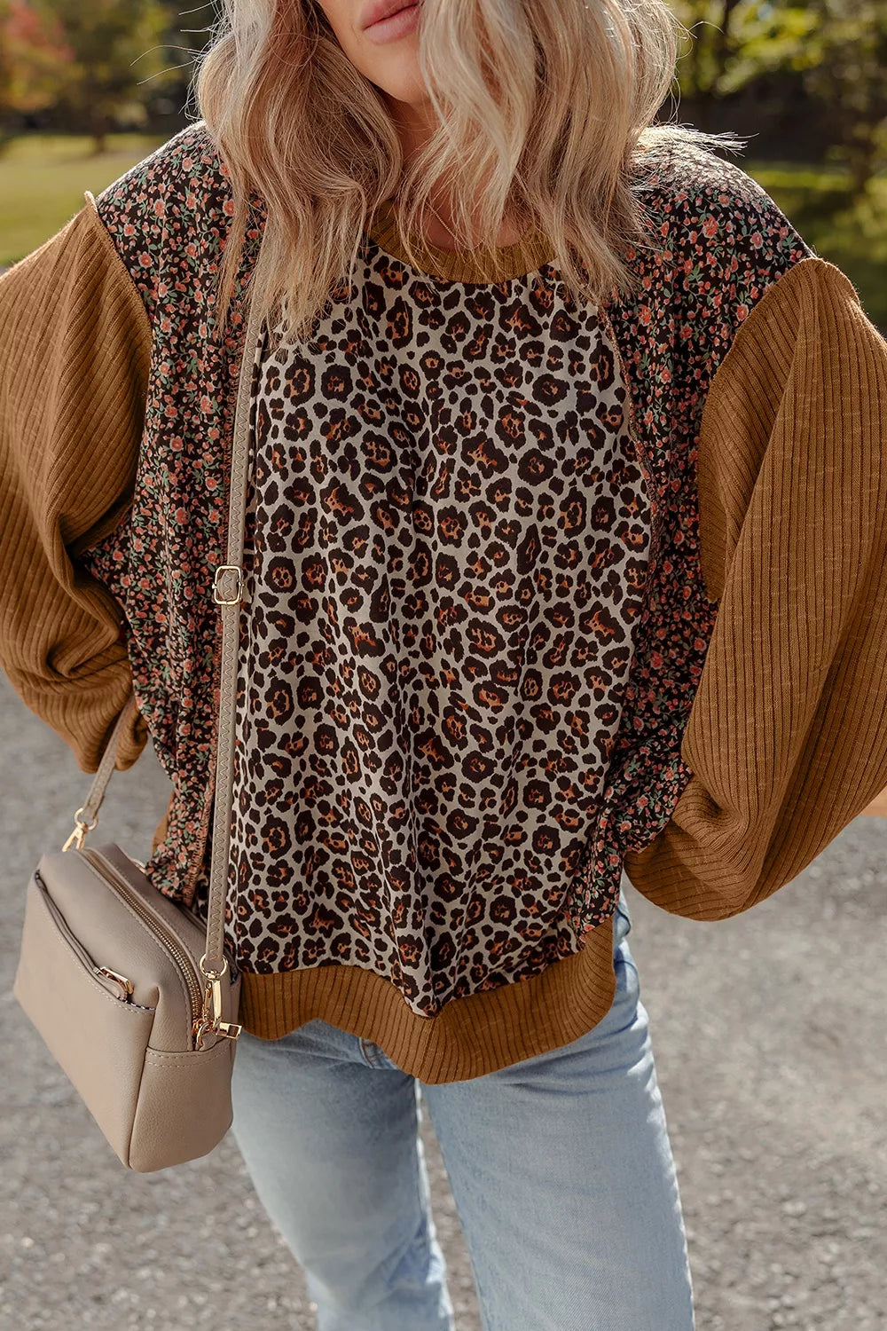 Leopard Floral Print Ribbed Puff Sleeve Patchwork Loose Sweatshirt