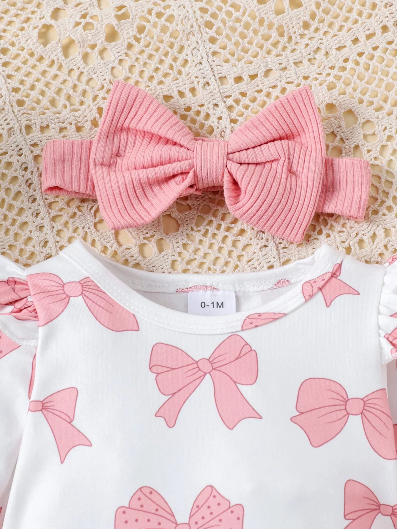 Children's Bow Print Bodysuit and Pants Set with Headband