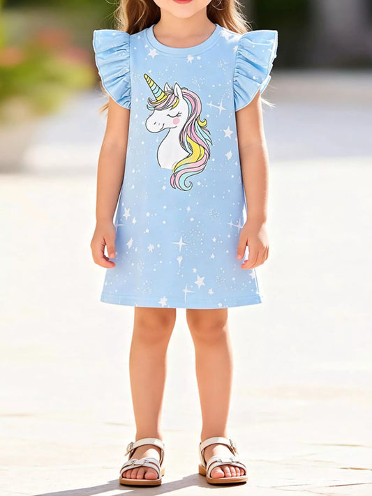 Children's Unicorn Ruffle Sleeve Casual Dress