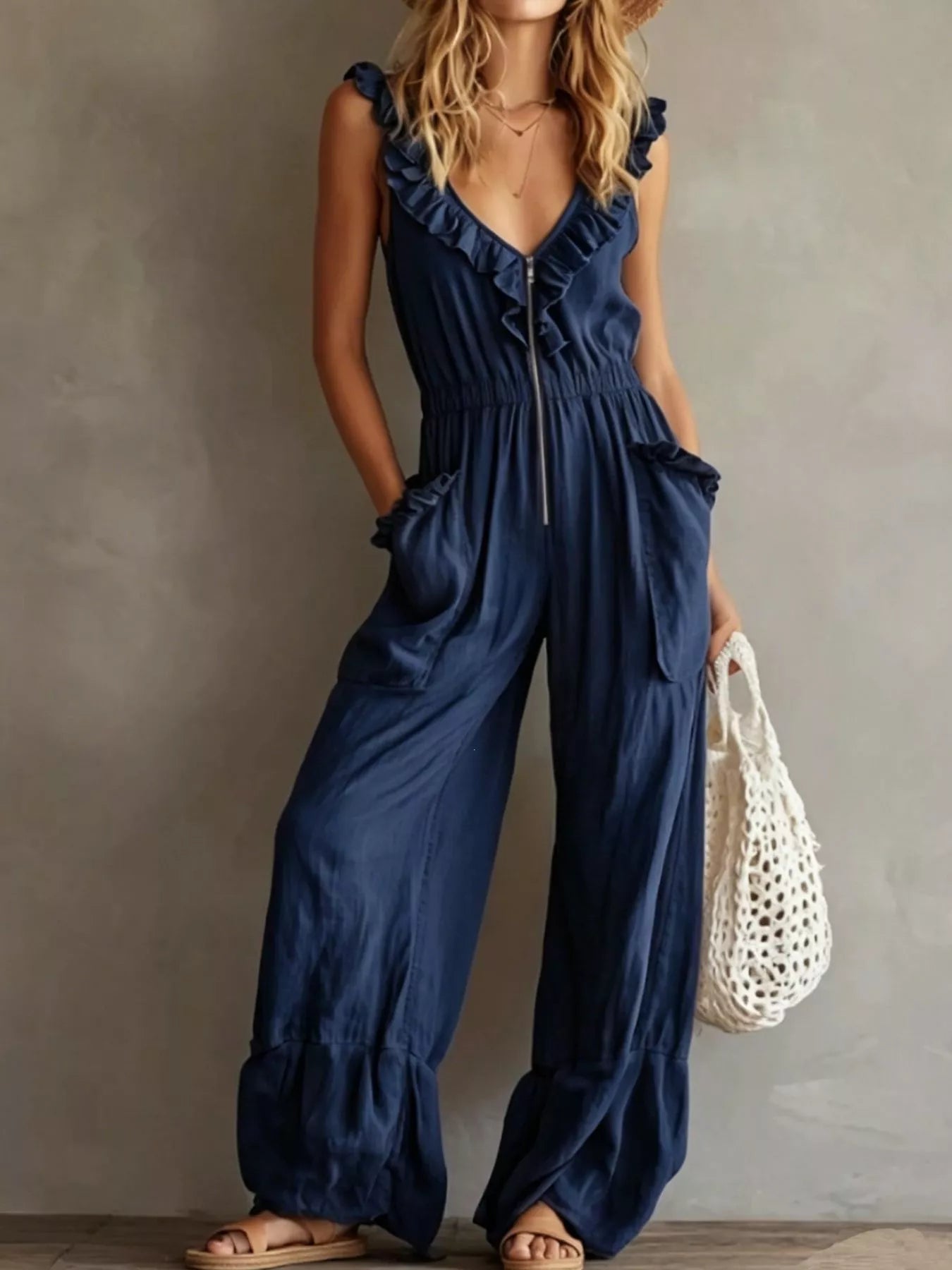 Ruffled V-Neck Wide Leg Jumpsuit