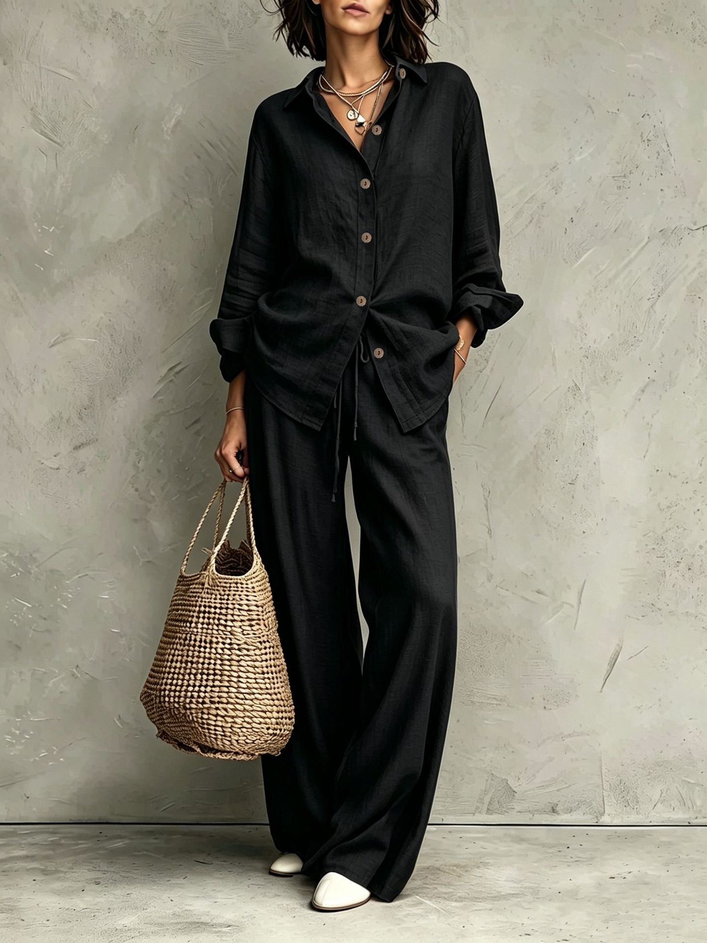 Women's Button-Down Shirt & Wide-Leg Pants Set