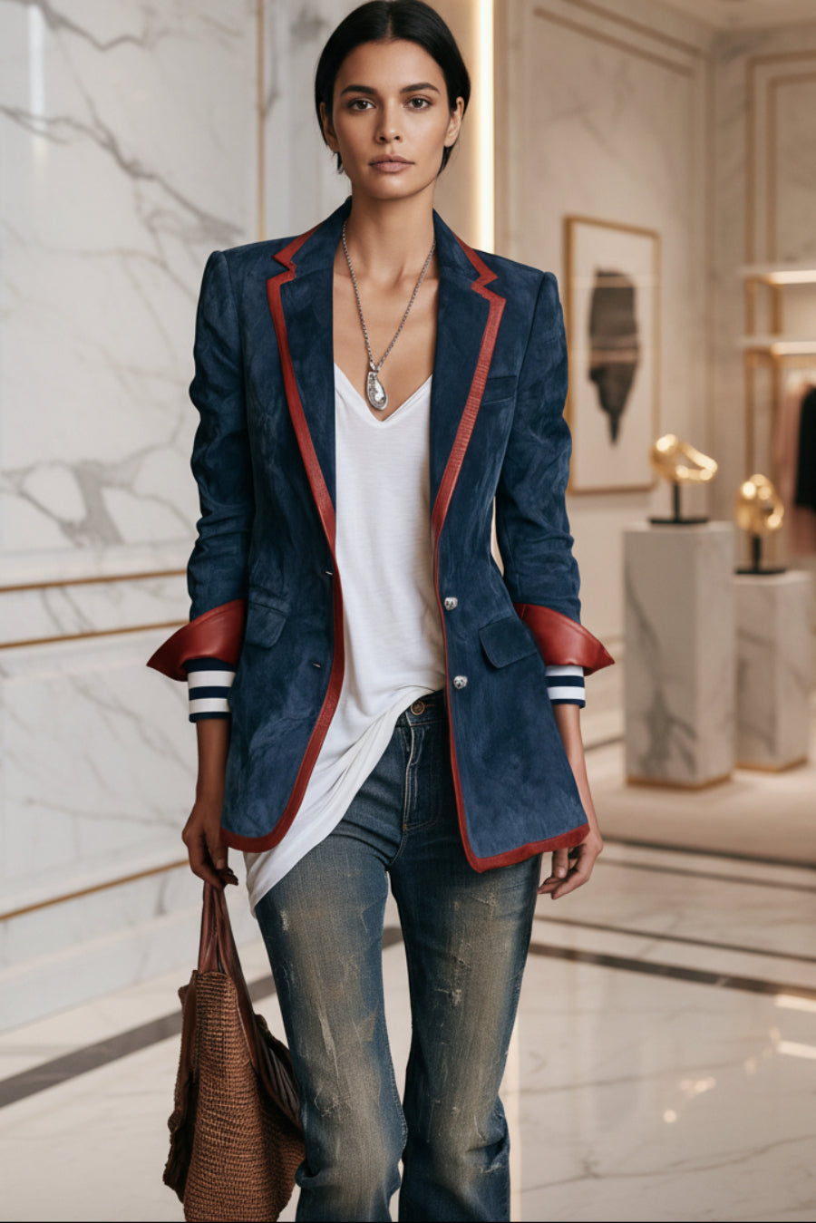 Suede Color-Block Blazer with Contrast Trim