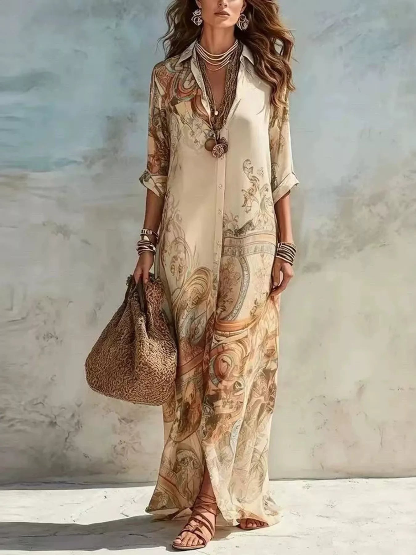 Full Size Printed Button Down Roll-Up Sleeve Shirt Maxi Dress Plus Size
