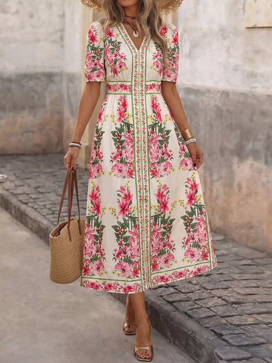 Floral Print V-Neck Midi Dress
