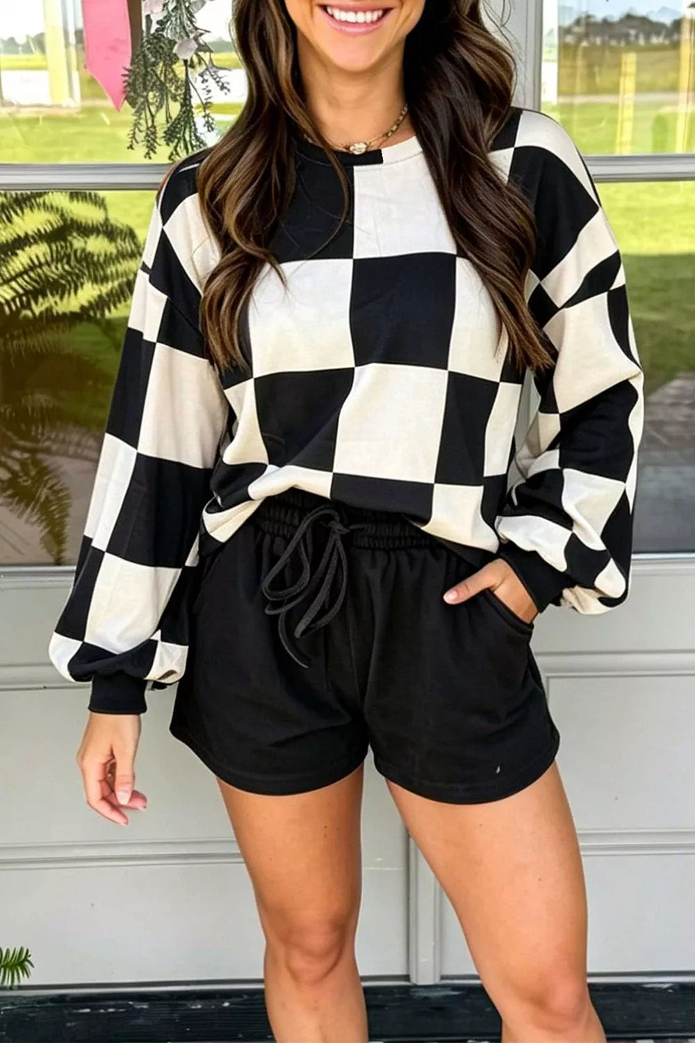 Checkerboard Print Sweatshirt and Shorts Set