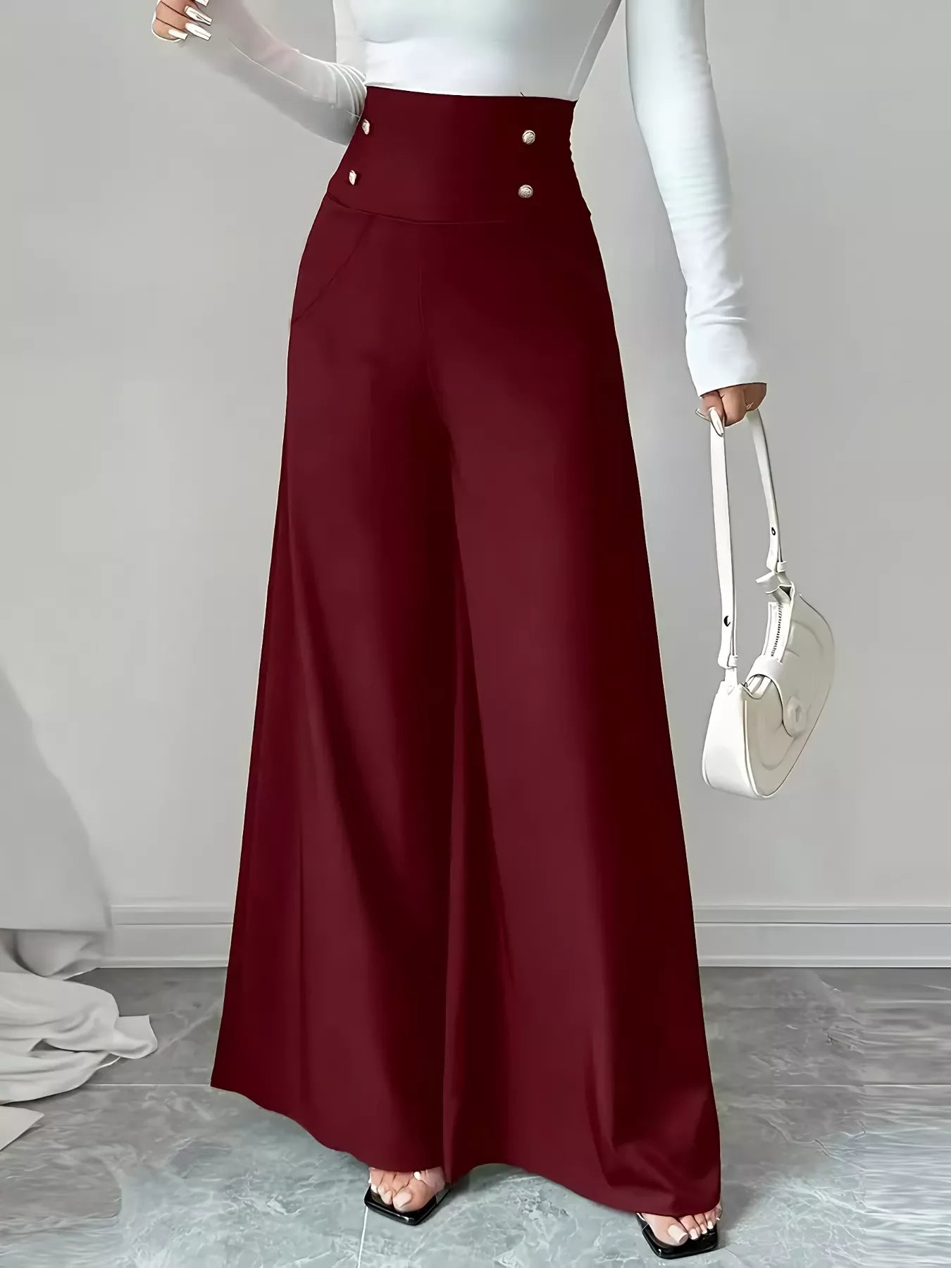 High Waist Wide Leg Button Decor Pants