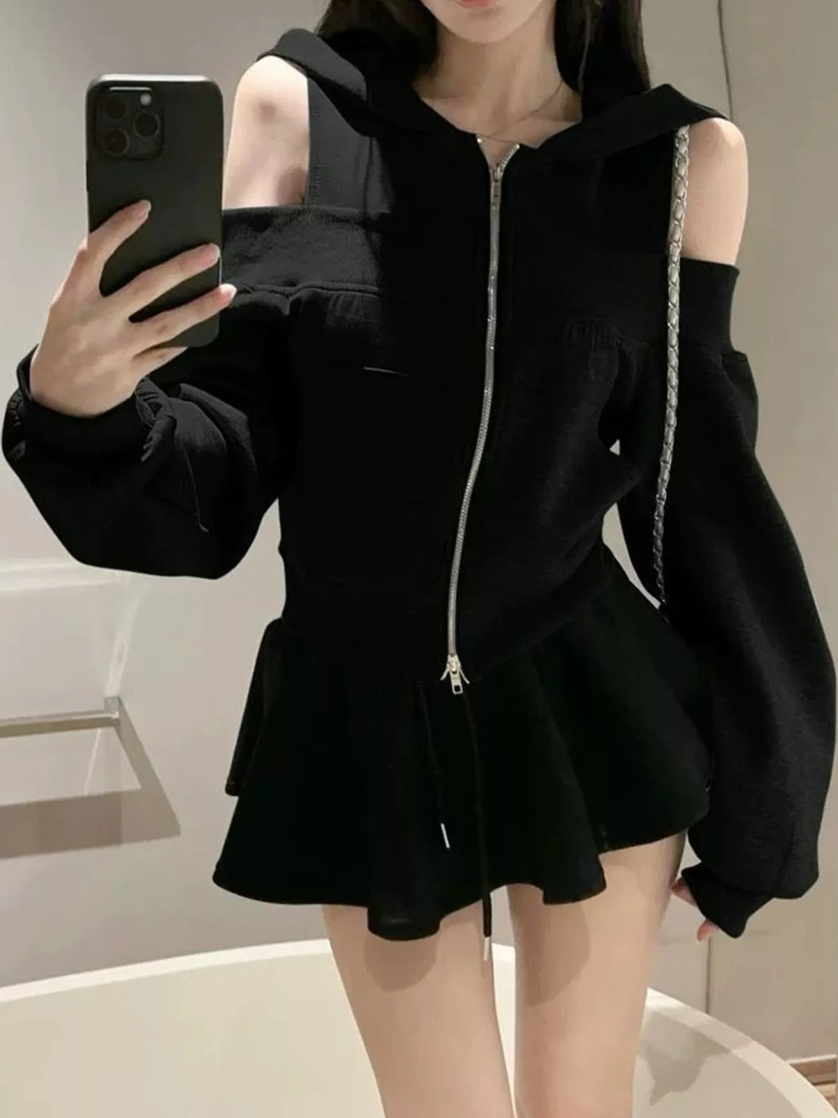 Cold Shoulder Zip-Up Hoodie
