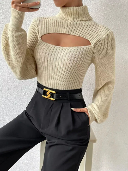 Cutout Front Turtleneck Long Sleeve Sweater