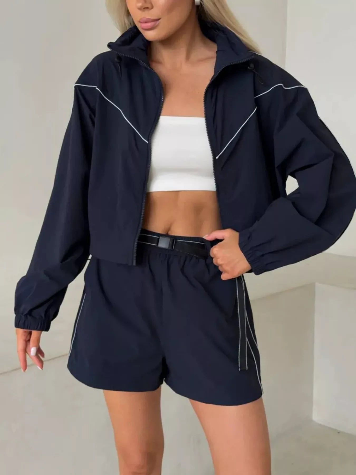 Drawstring Zip-Up Jacket and Shorts Set