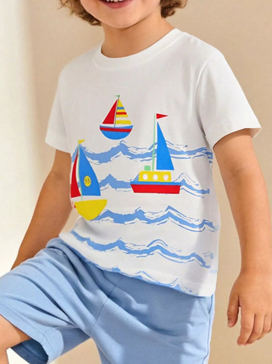 Children's Nautical Sailboat Print Crew Neck T-Shirt