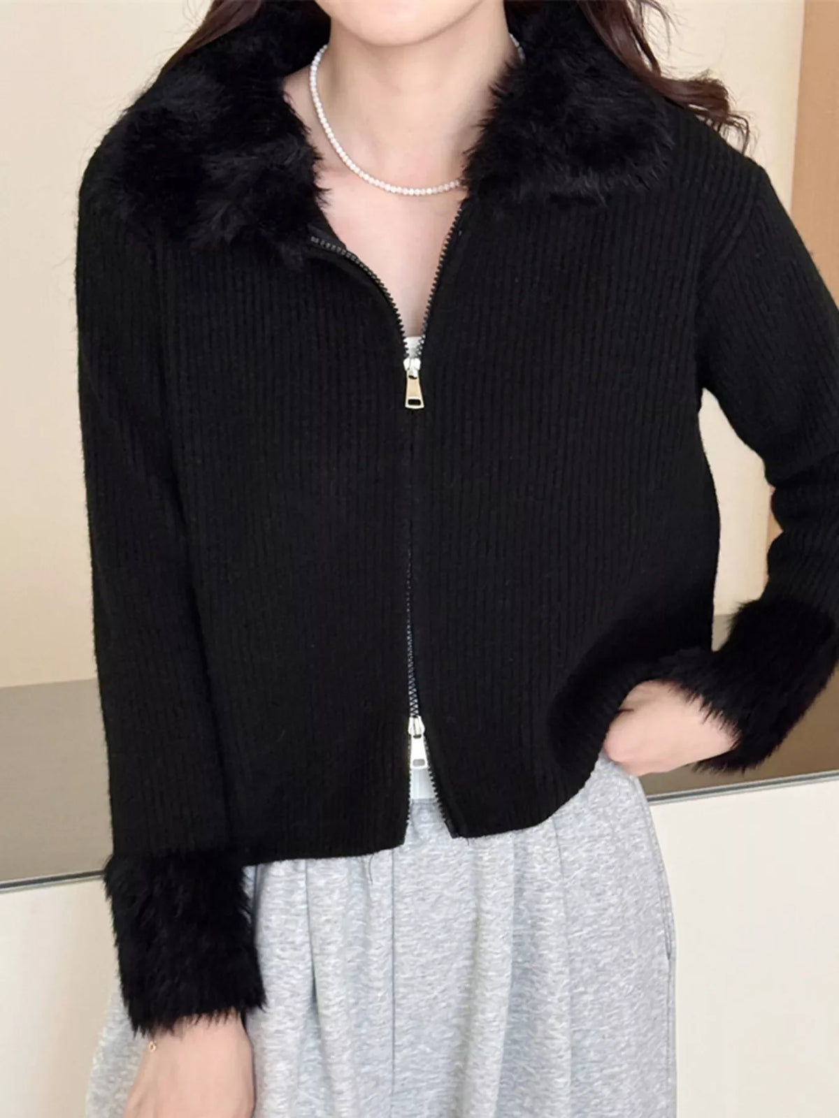 Fluffy Trim Zip-Up Cardigan