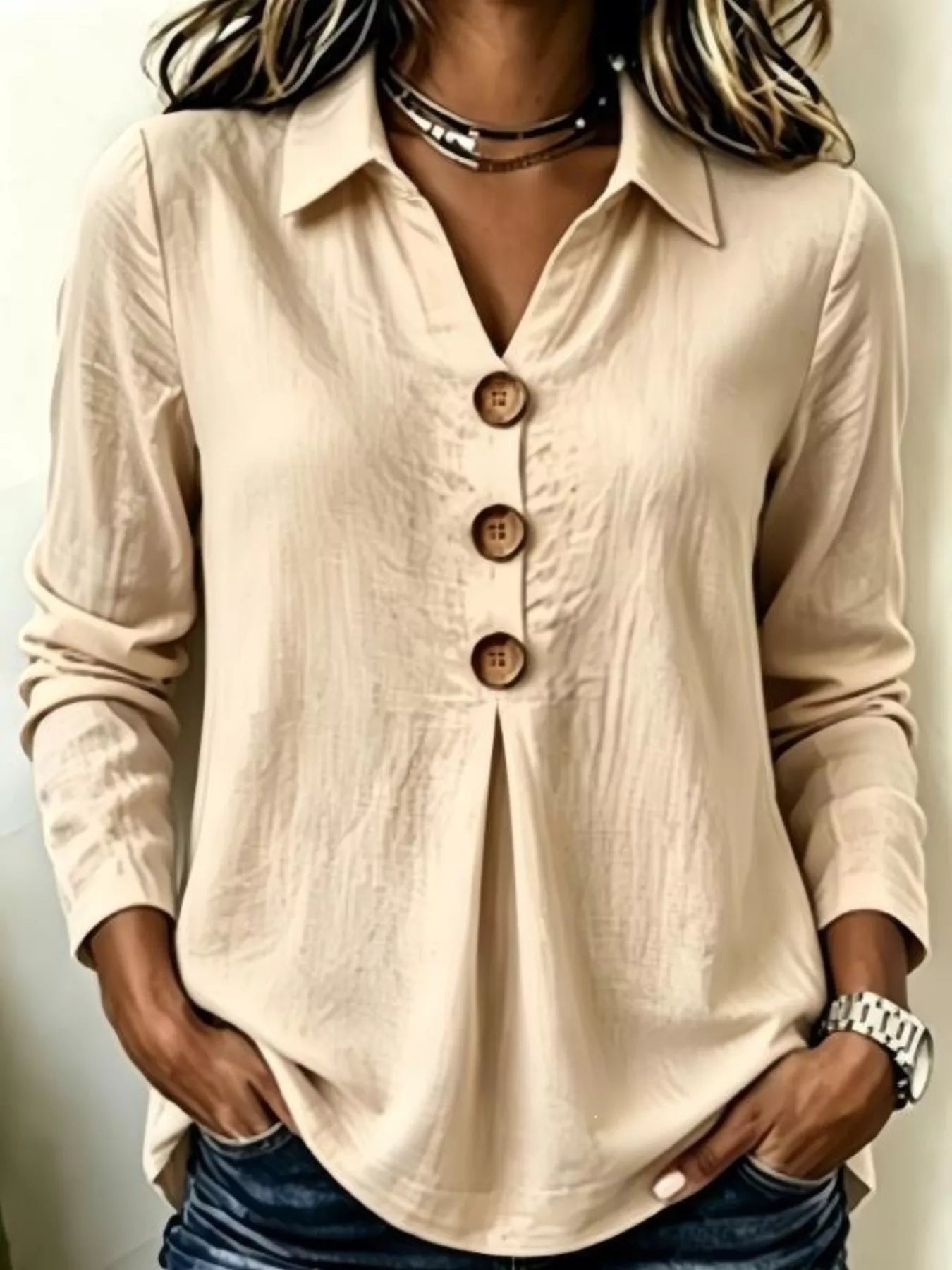 Button Detail Long Sleeve Blouse