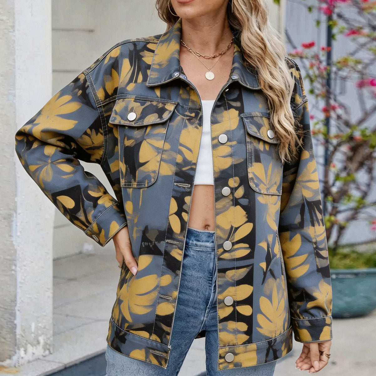 Women's Botanical Print Drop-Shoulder Denim Jacket